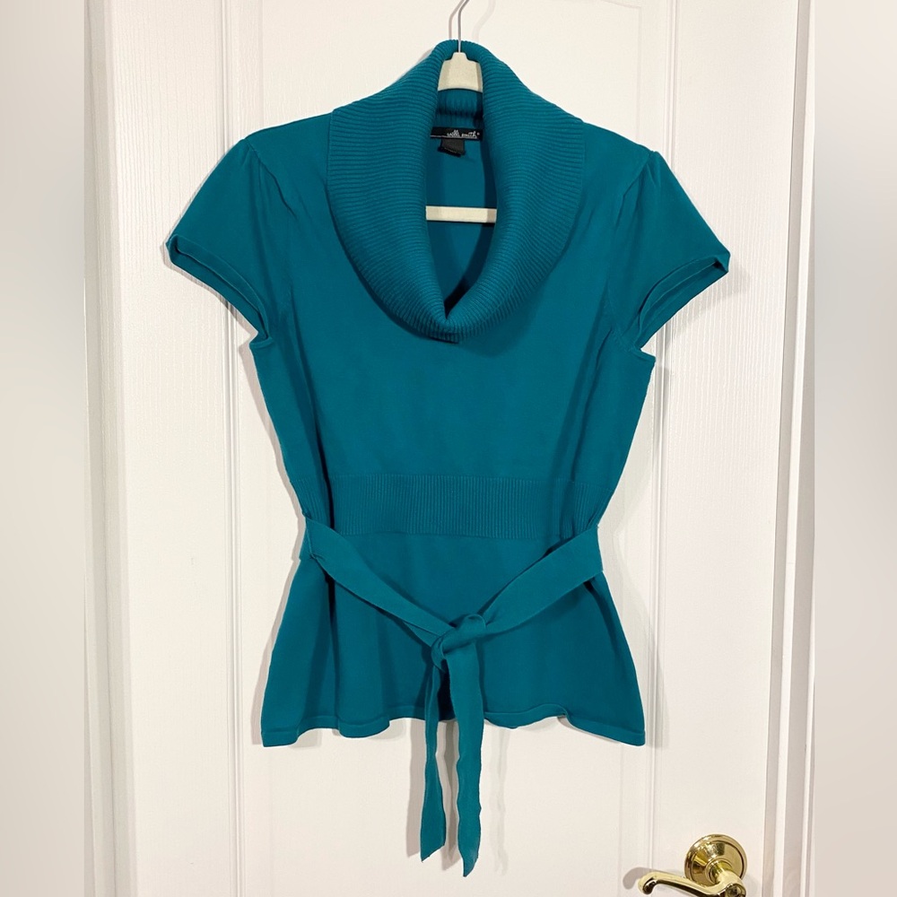 Y2K Willi Smith Peplum Cowl Neck Belted Cap Sleeve Knit Sweater Teal Size Large